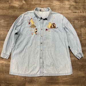 Passion Vintage Denim Embroidered Cats Button Front Shirt Size 2x